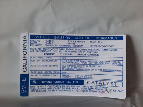 1981 Emissions Decal - 5ME CAL - Celica