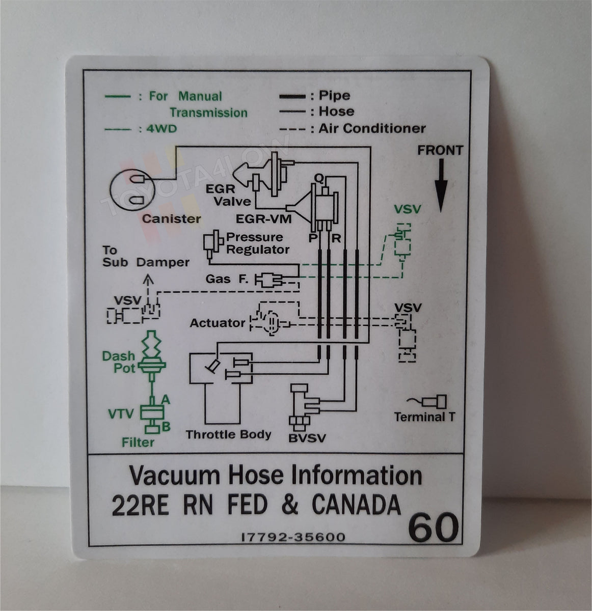 1985 Vacuum Diagram Decal 22RE Fed 4WD 60 Toyota4Low