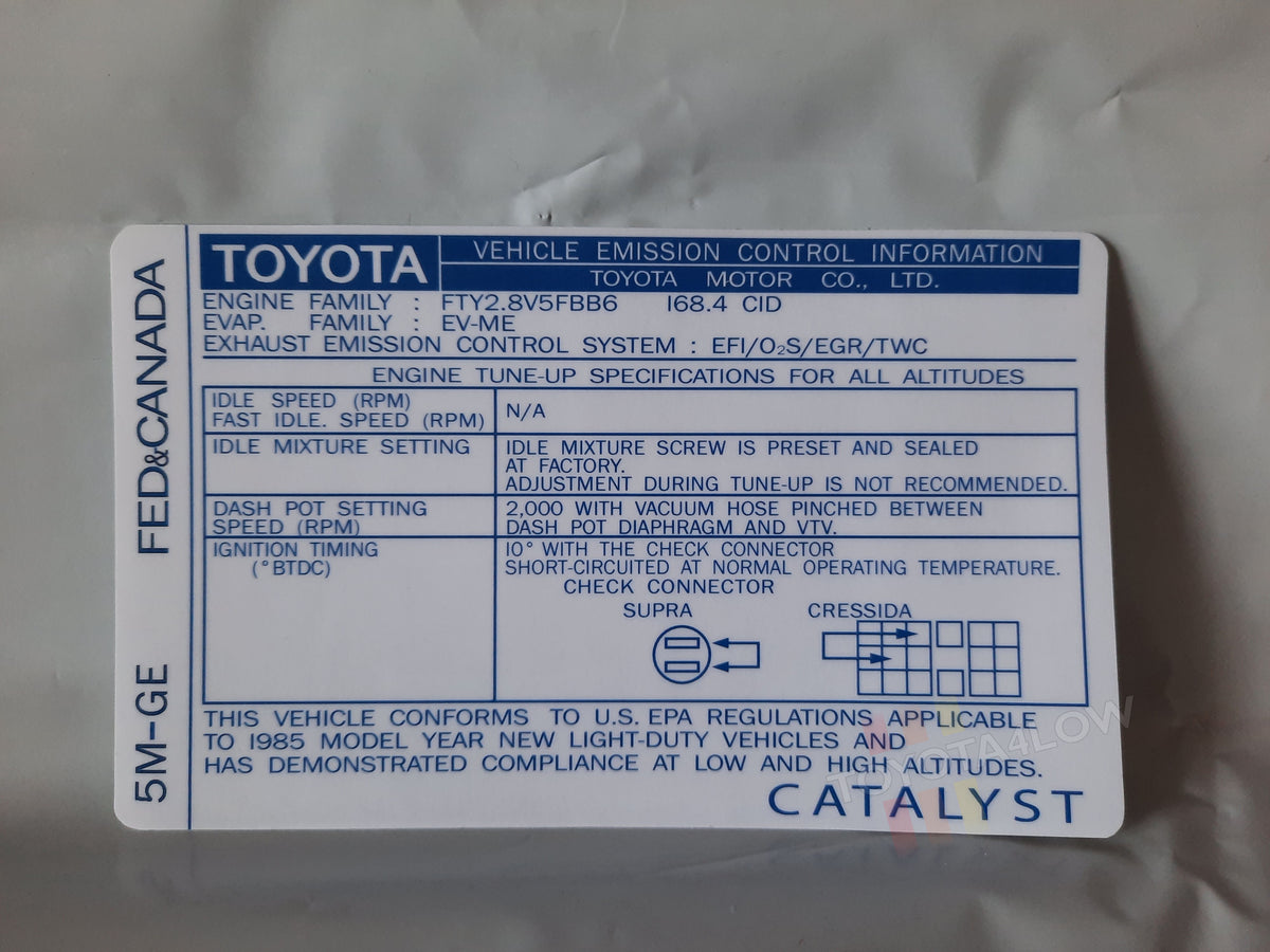 1985 Emissions Decal 5MGE Fed Canada Celica