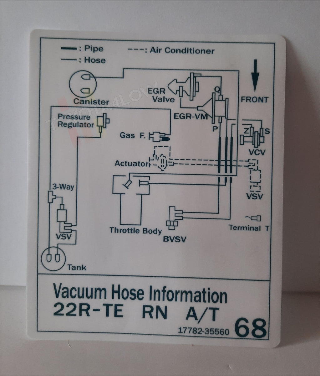 1986 Vacuum Diagram Decal 22RTE Turbo A/T 68 Toyota4Low