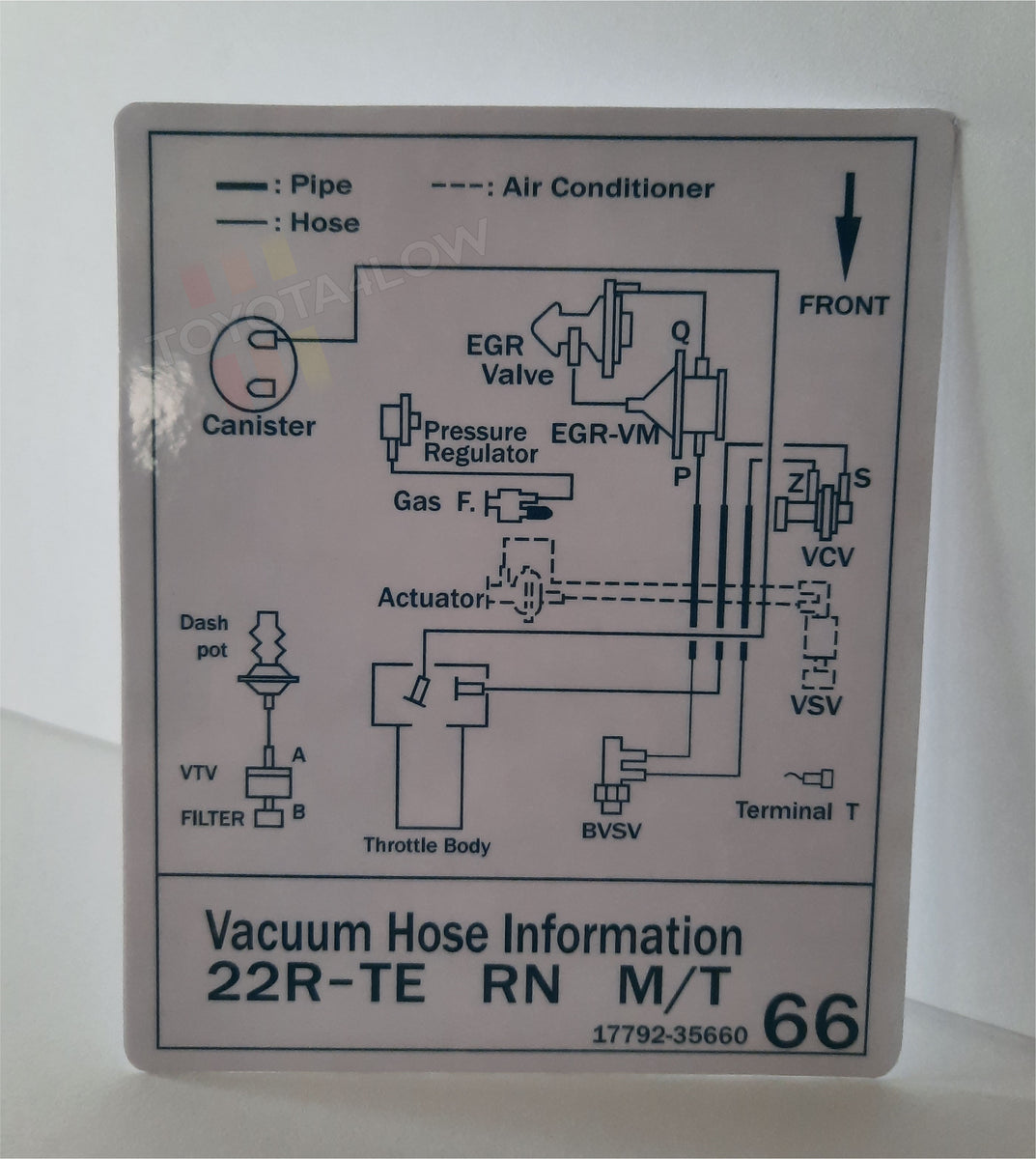 1986 Vacuum Diagram Decal 22RTE Turbo 66 Toyota4Low