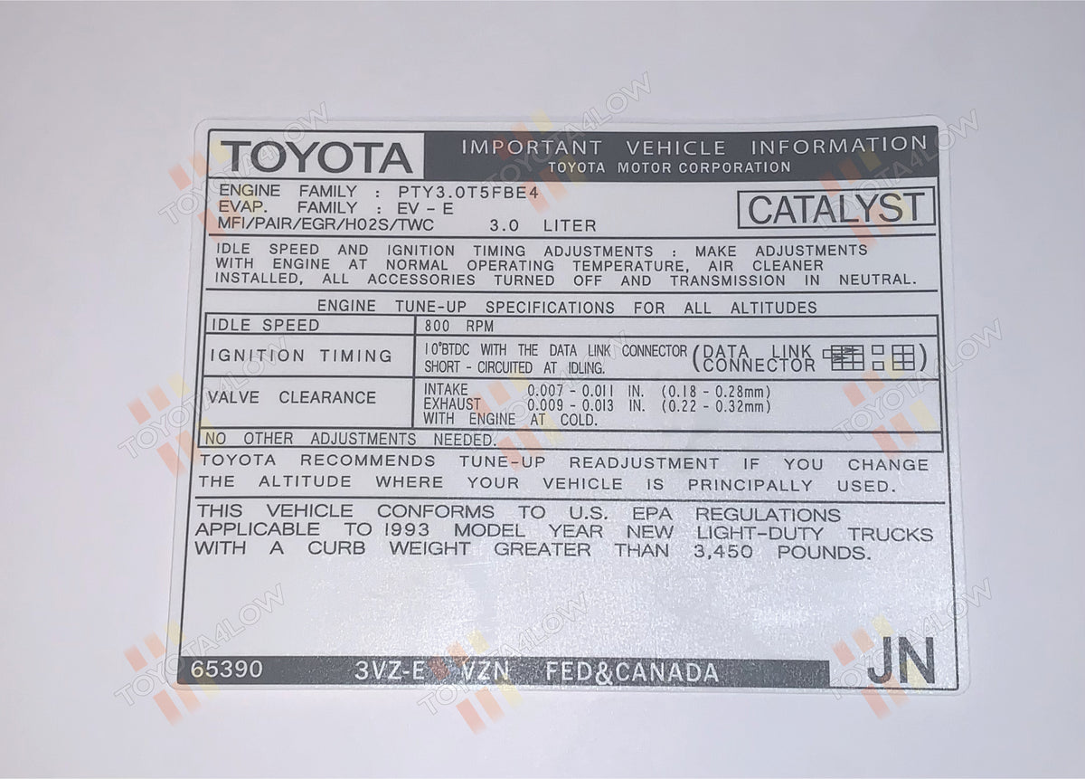 1993 Emissions Decal - 3VZE VZN Fed & Canada #JN – Toyota4Low