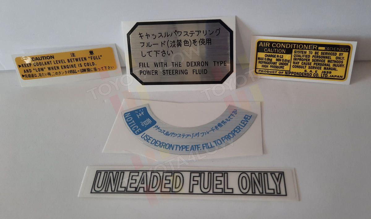 198489 Power Steering, Coolant, Unleaded Fuel, and AC Decal Set