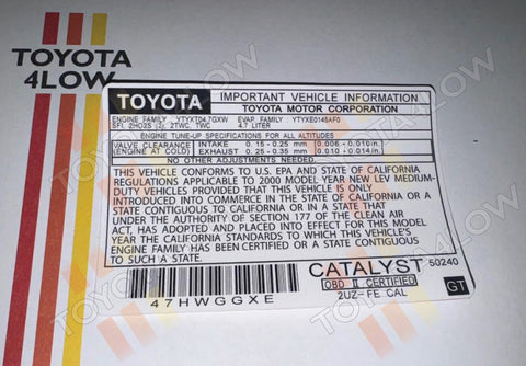 2000 Toyota Emission Information Decal - 2UZ-FE #GT