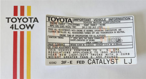 1990 Emissions Decal - 3F-E Fed #LJ