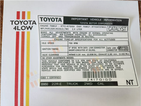 1994 Emissions Decal - 22RE Truck Fed #NT