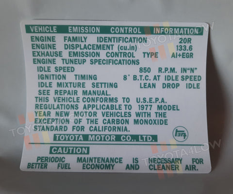 1977 Emissions Decal - 20R Celica
