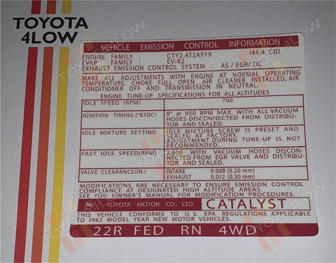 1982 22R Emission information Federal RN 4WD