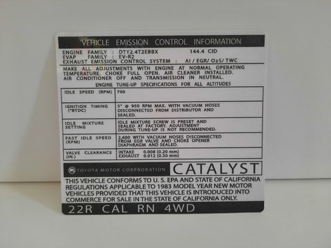 1983 Emissions Decal - 22R Cal 4WD