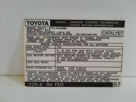 1984 Emissions Decal - 22RE RA Fed - Celica GT - #57