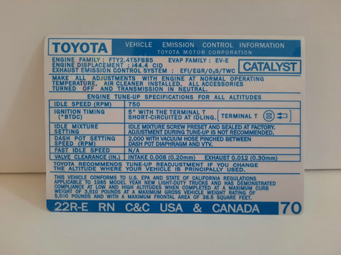 1985 Emissions Decal - 22RE C&C, USA & Canada #70