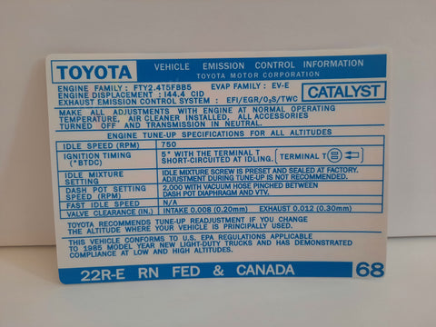 1985 Emissions Decal - 22RE Fed/Canada #68