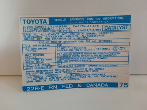1986 Emissions Decal - 22RE Fed/Canada #75