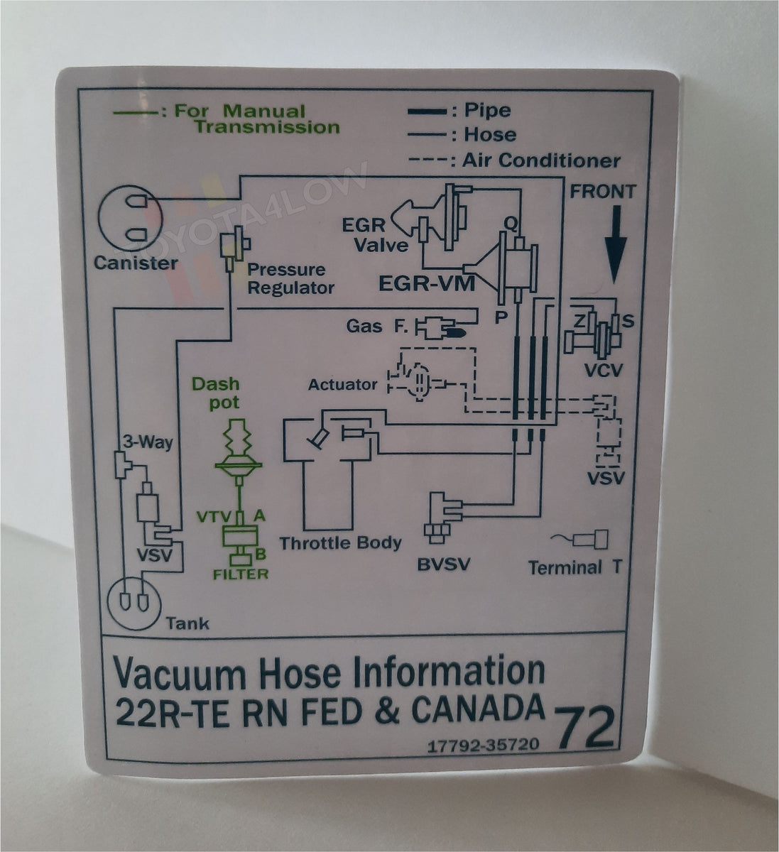 1986 Vacuum Diagram Decal 22RTE Turbo Fed 72 Toyota4Low