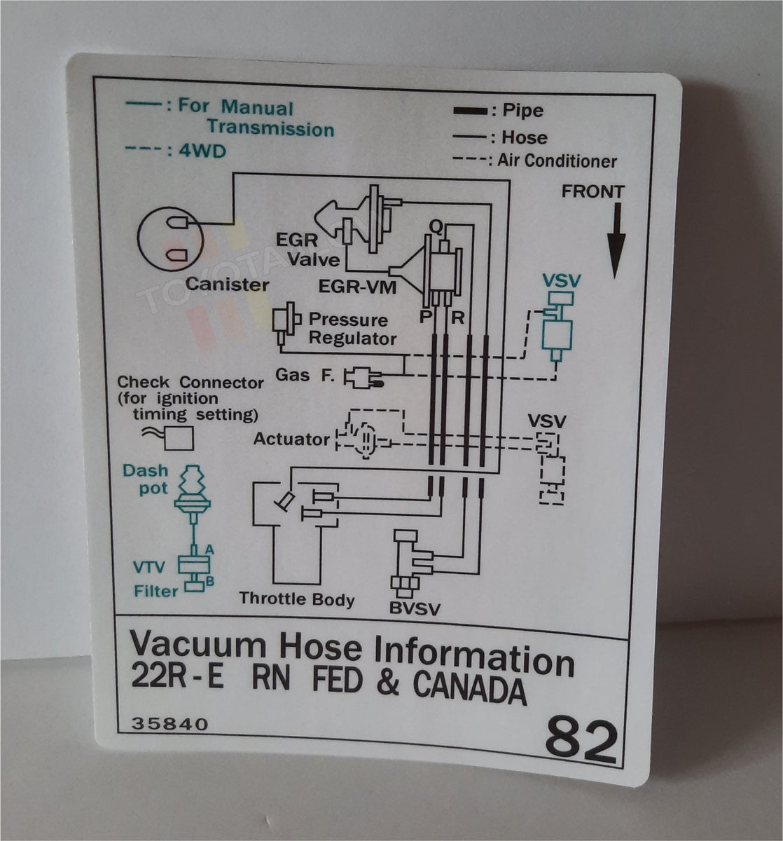 1987 Vacuum Diagram Decal 22RE Fed 82 Toyota4Low