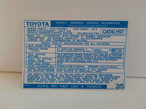 1987 Emissions Decal - 22RE C&C, USA & Canada #35