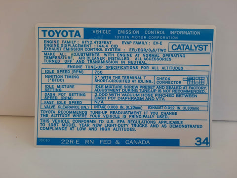 1987 Emissions Decal - 22RE Fed/Canada #34