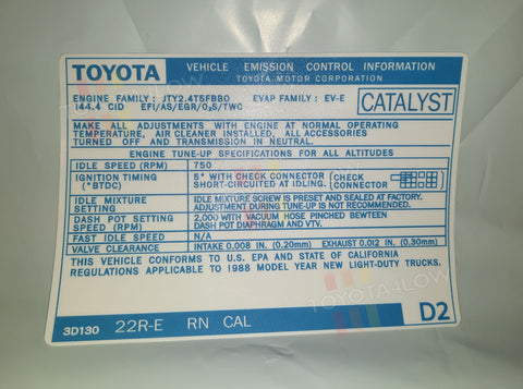 1988 Emissions Decal - 22RE RN CAL #D2