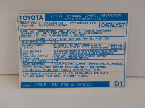 1988 Emissions Decal - 22RE Fed / Canada #D1