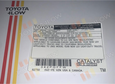 2002 Toyota 4Runner Emission Information Decal - 5VZ-FE #TM